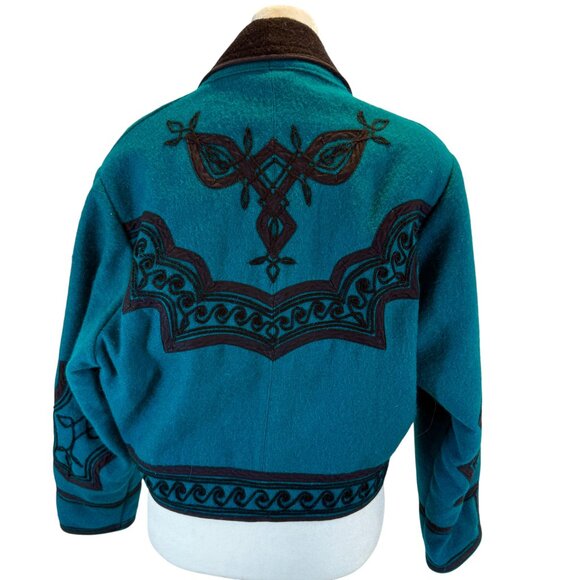 Western Vintage Wool Jacket – Teal & Black Embroidered Cropped Blazer - Picture 5 of 9